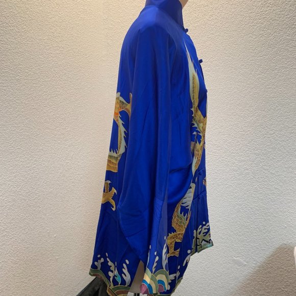Beautiful blue silk kimono jacket with mandarin collar and golden dragon design - Picture 8 of 12